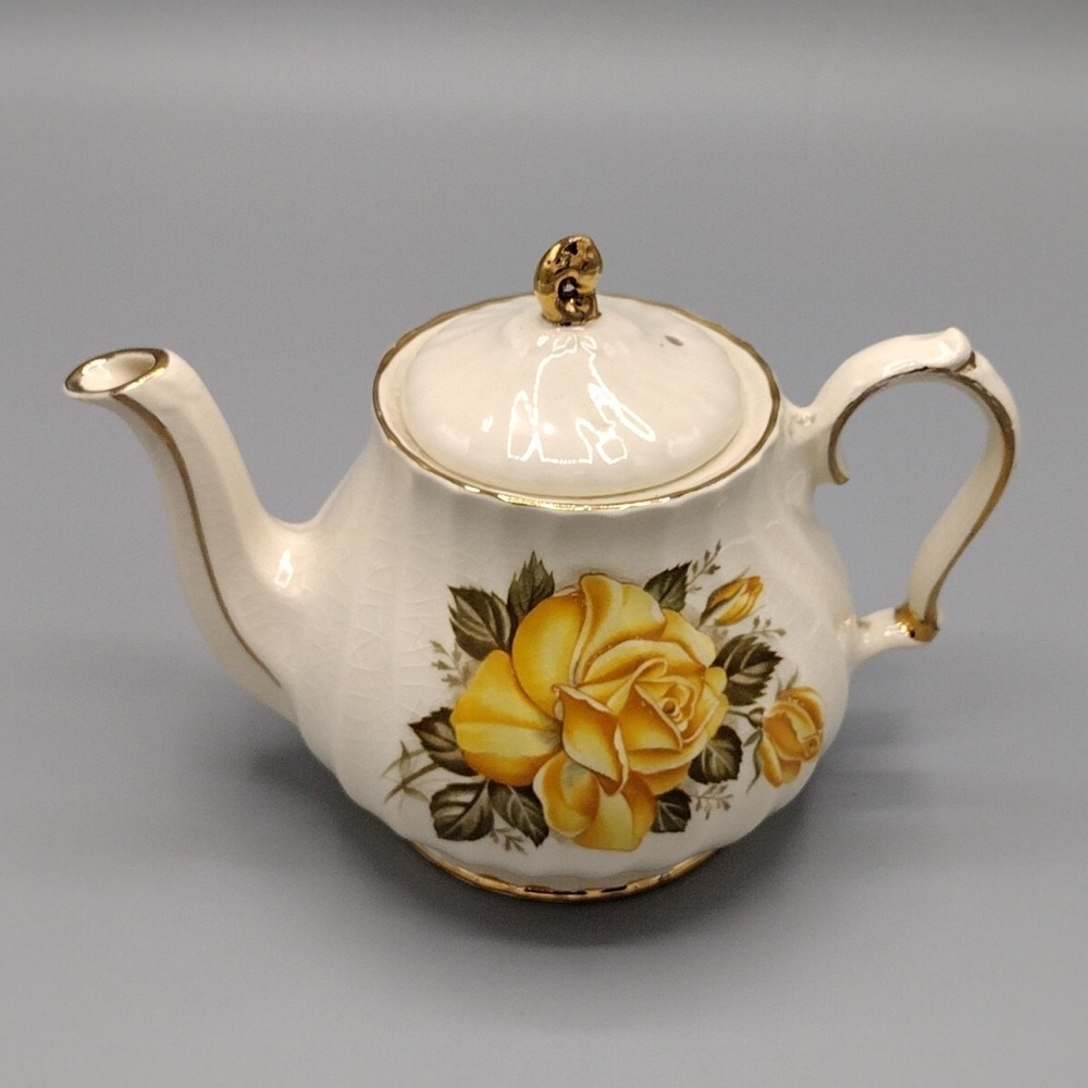 Early Antique Sadler 5" Teapot Yellow Rose Gold Trim Ivory Crazing England